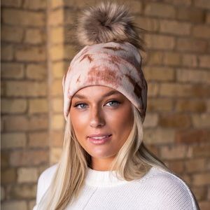 Cream and Tan Tie Dye Beanie with Pom